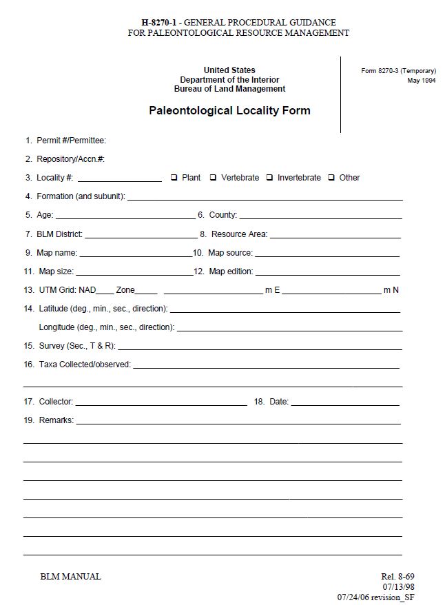 Public Room Utah Paleontology Locality Form Bureau of Land Management